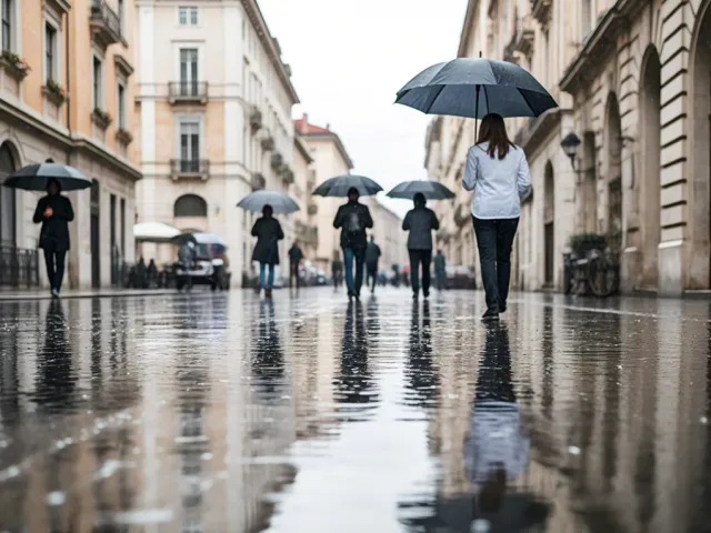 people walking with umbrellas on a wet city street