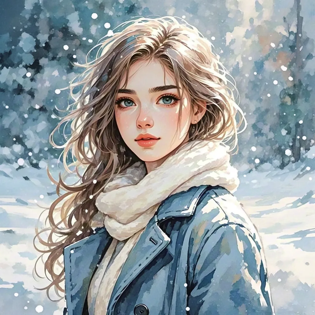 Realistic winter portrait of girl with scarf