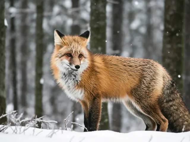 fox standing in snowy forest looking sideways