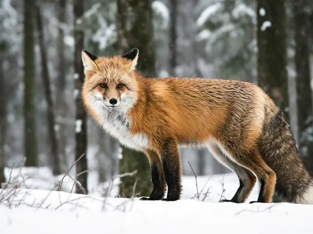 Red fox standing on snow in winter woods
