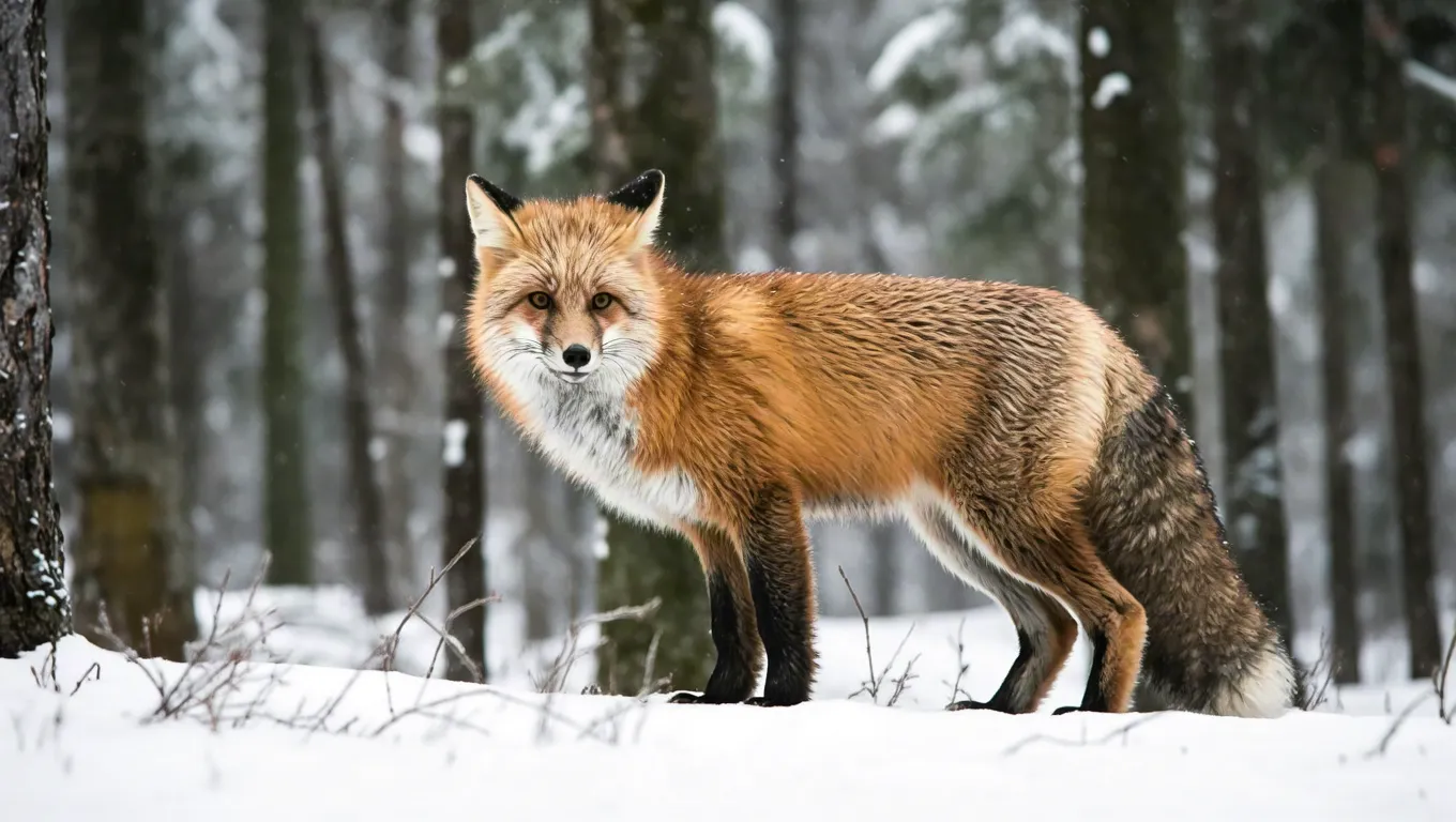 Red fox standing on snow in winter woods