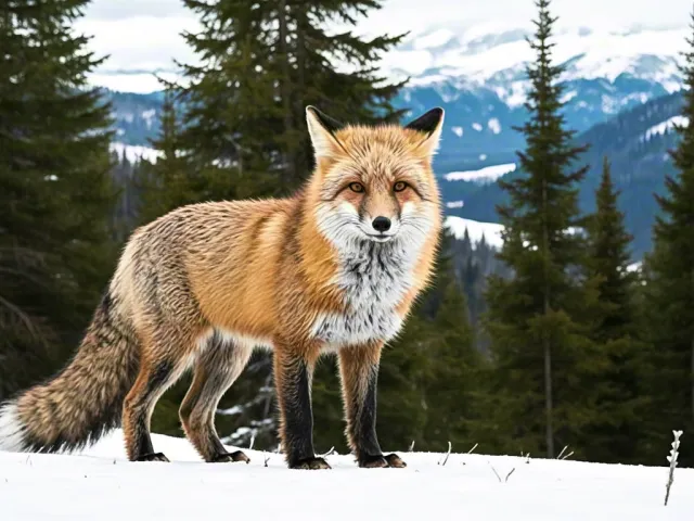 Red fox looking forward in winter forest