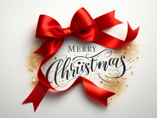 Christmas card with large red bow and Merry Christmas message