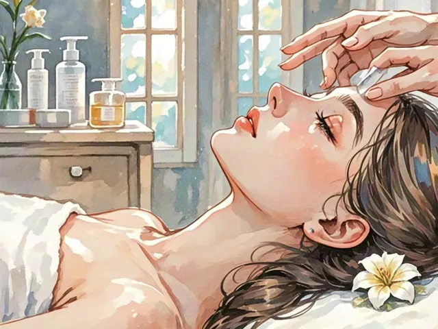 Woman lying relaxed during a spa facial, decorated with a white flower.