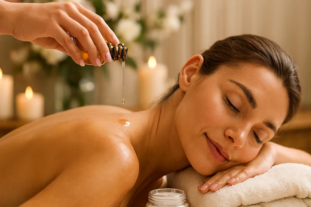 Relaxing spa massage with essential oil – wellness and beauty treatment