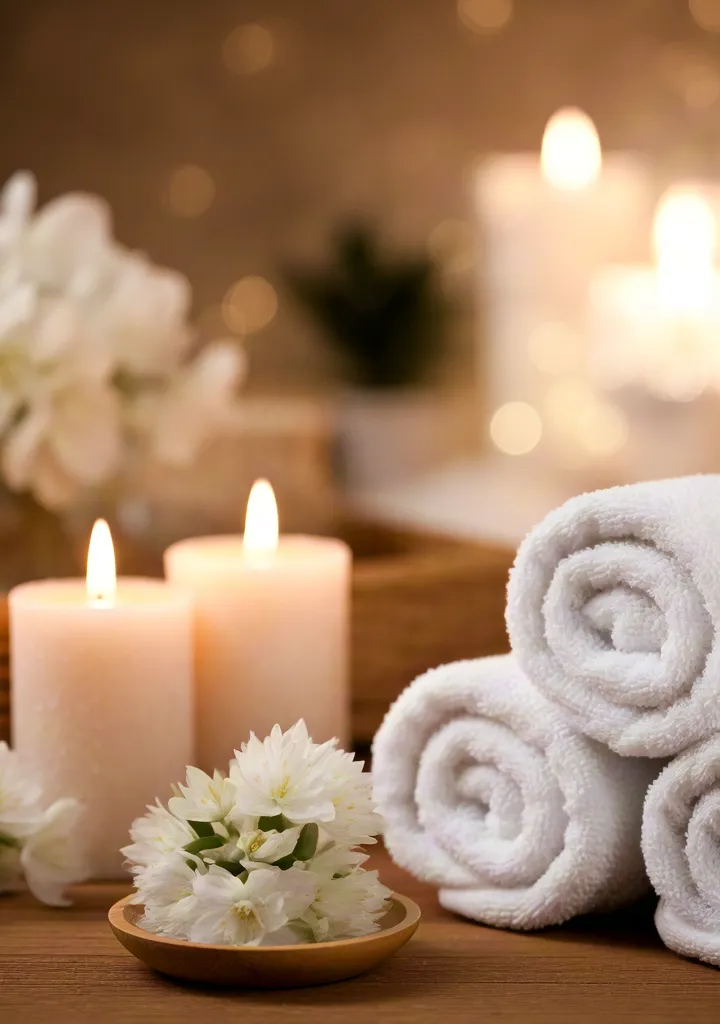 Relaxing spa setting with candles and towels