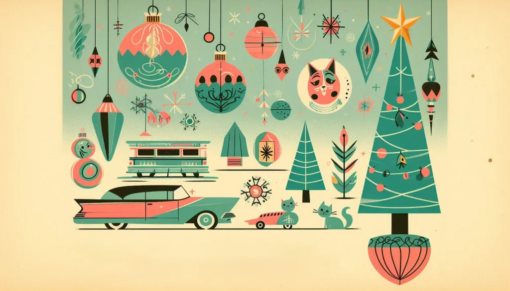 Retro Christmas illustration with car and holiday ornaments