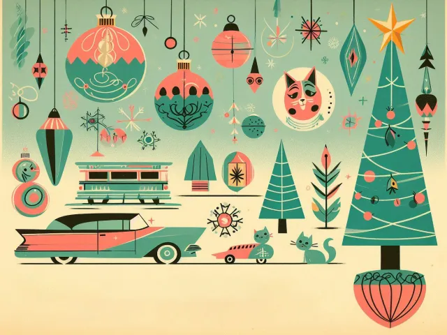 Vintage-style illustration of decorated car, ornaments, and Christmas tree on pastel background