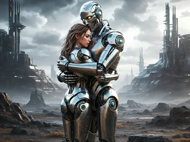 Two humanoid robots standing in embrace in post-apocalyptic landscape