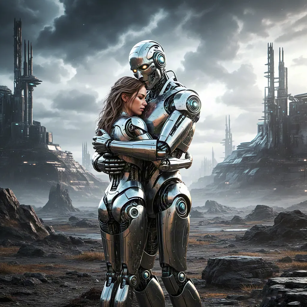 Robot couple embracing in dystopian world — sci-fi concept