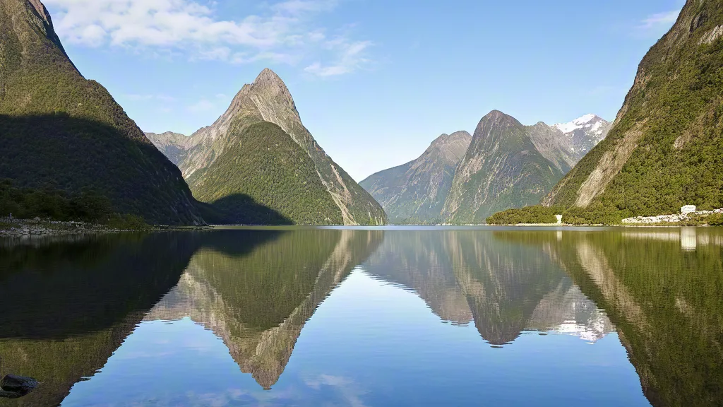 Rocky mountain peaks and fjord under clear blue sky