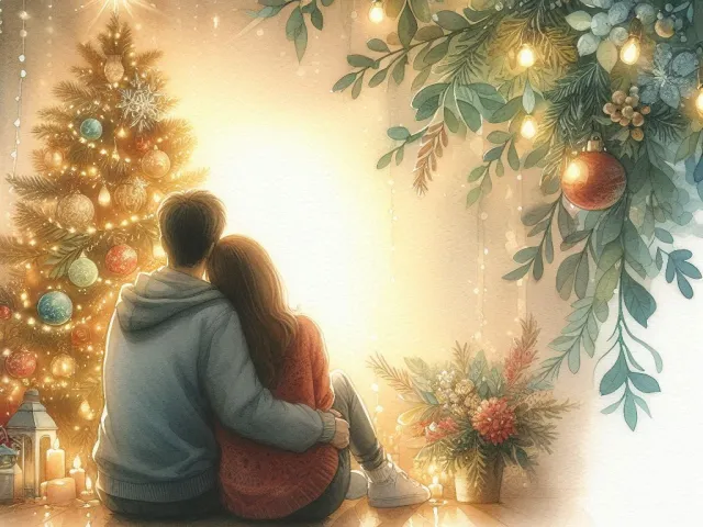 couple sitting closely beside glowing christmas tree in cozy holiday room