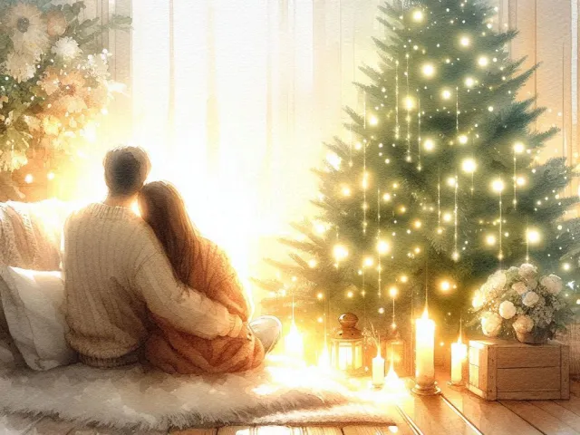 couple sitting together near glowing christmas tree and candles