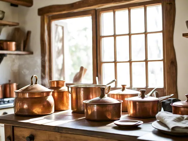 Warm farmhouse kitchen with copper pots