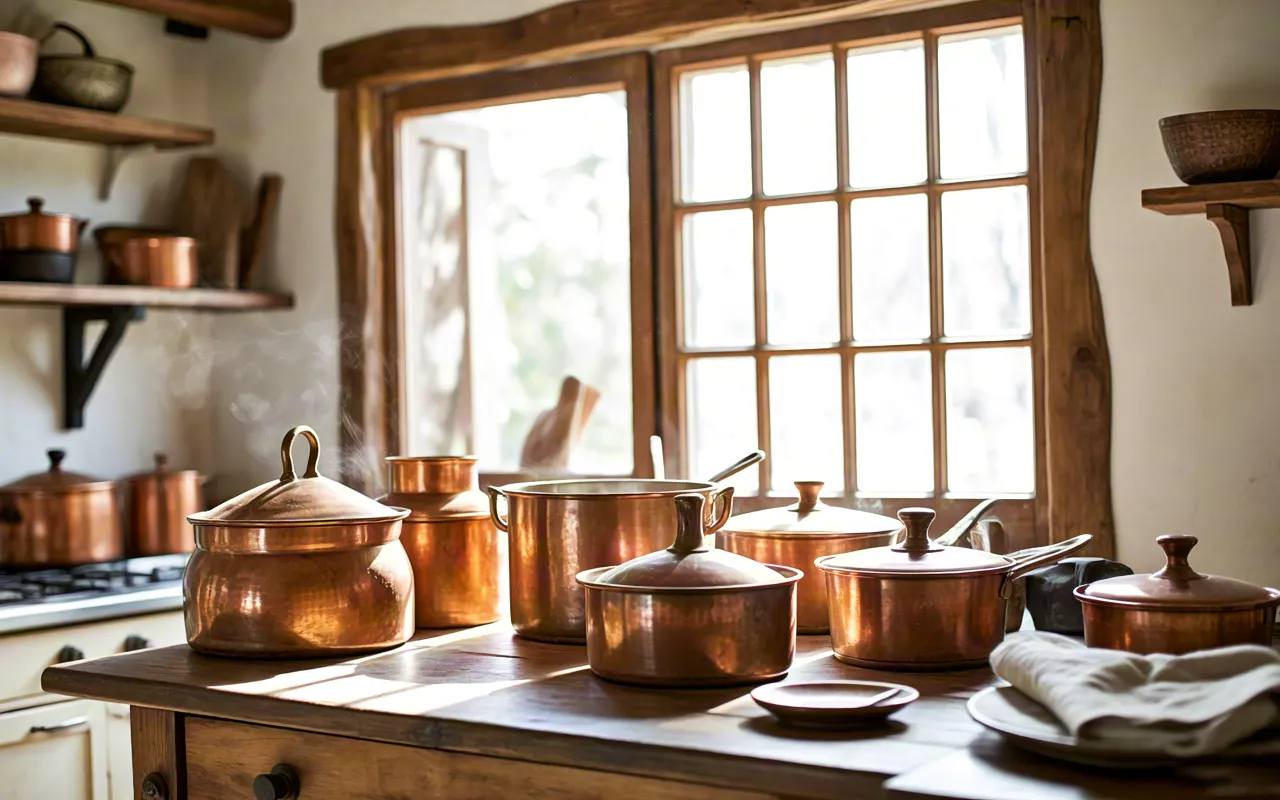 Warm farmhouse kitchen with copper pots