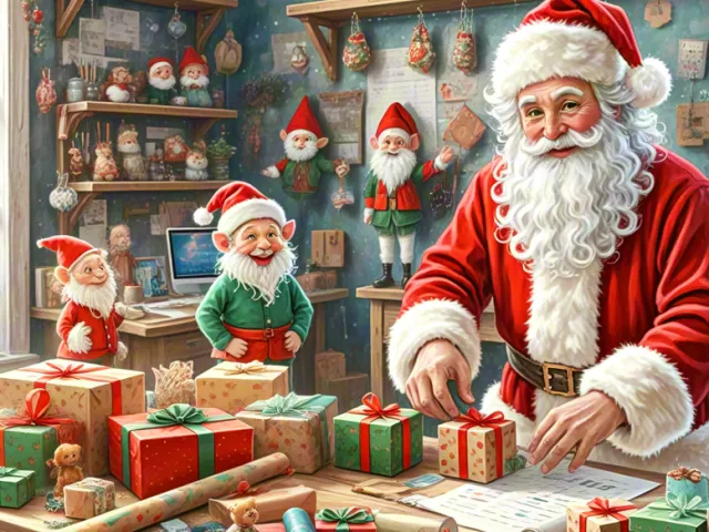 santa claus and elves preparing gifts in colorful christmas workshop