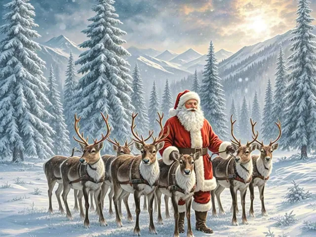santa claus standing with reindeer herd in snowy pine forest