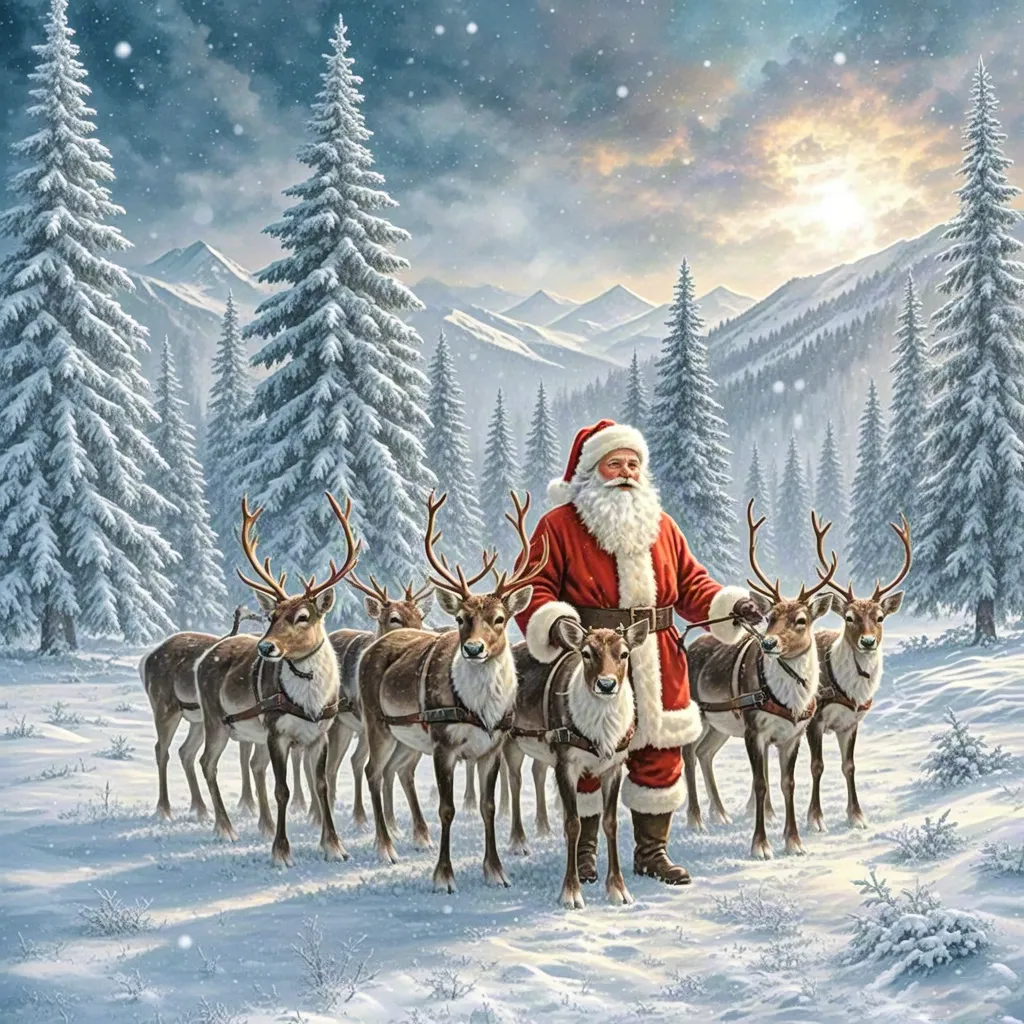Santa and Reindeer Winter Forest Scene
