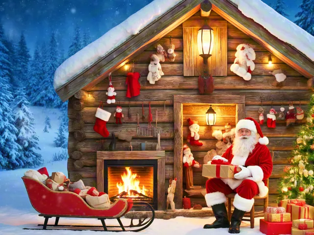 santa claus resting near wooden cabin with sleigh beside warm fireplace