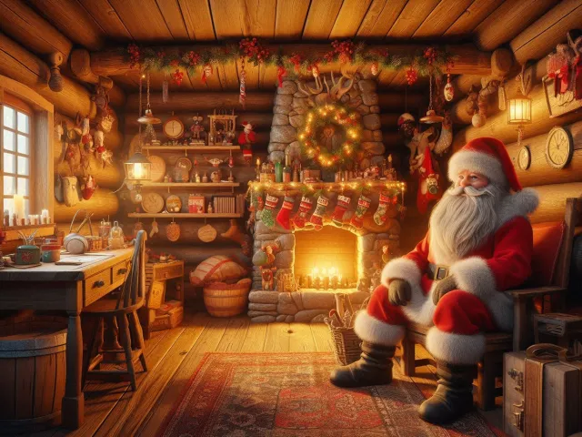 santa claus sitting inside wooden cabin next to lit fireplace