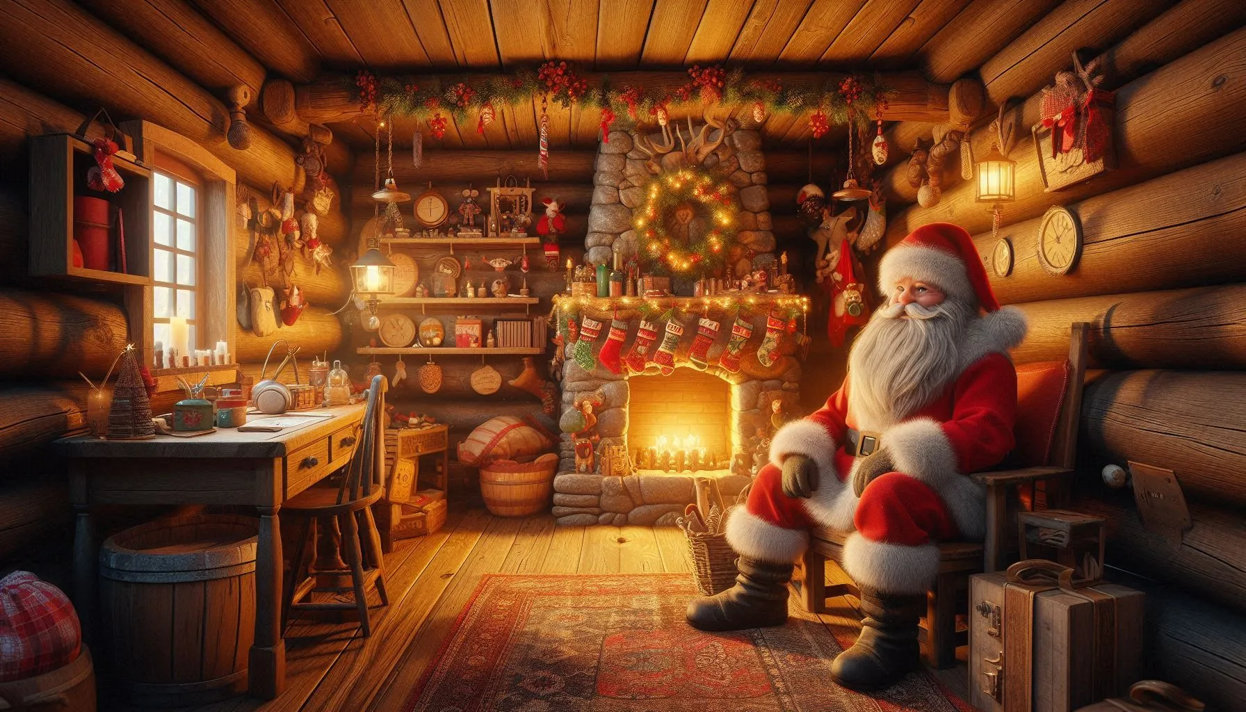 santa claus sitting inside wooden cabin next to lit fireplace
