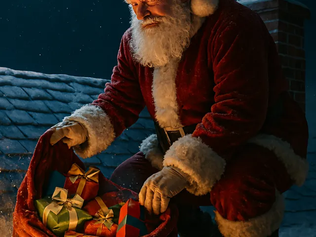 santa claus warming hands near campfire in snowy forest at night
