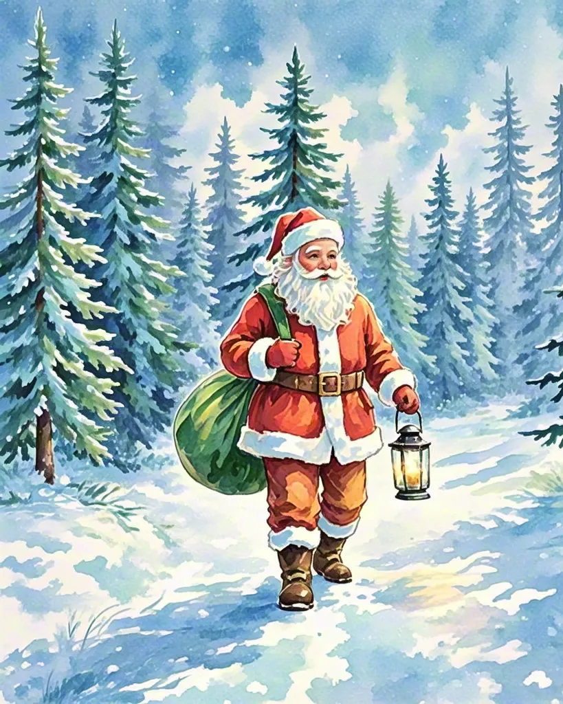 Santa Carrying Gifts in Snowy Forest