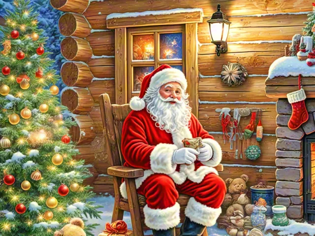 santa claus sitting beside glowing fireplace surrounded by gifts and christmas decorations