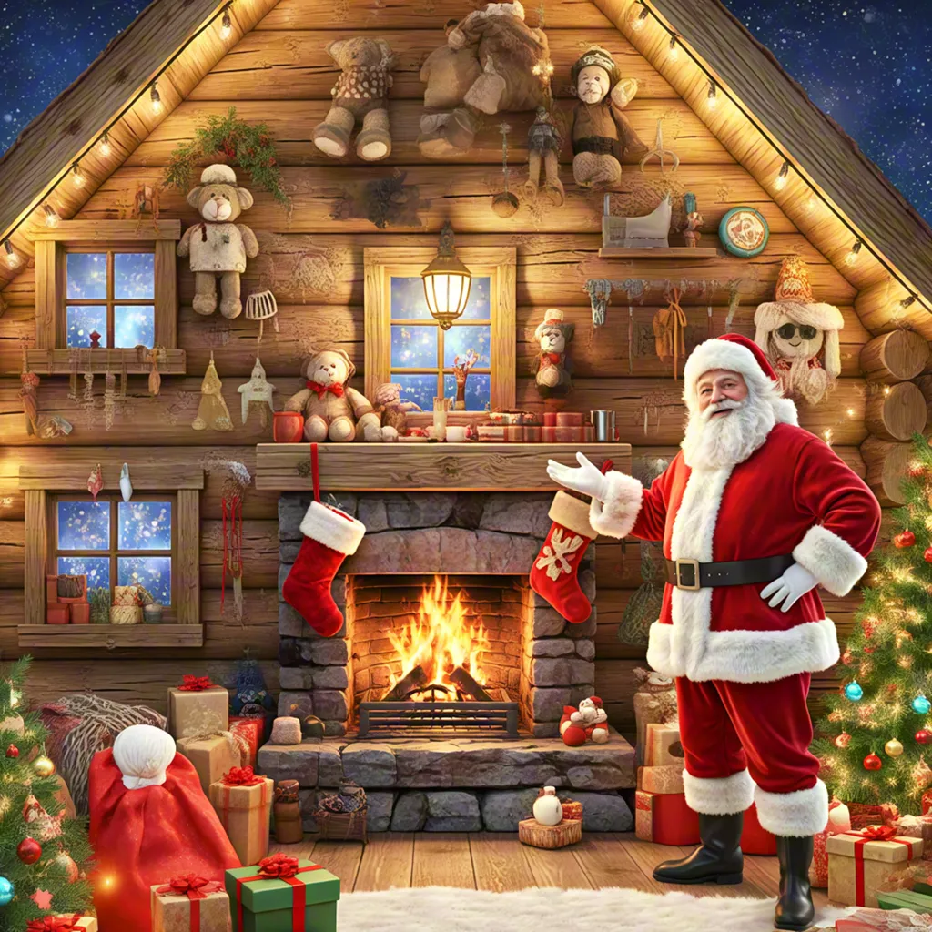 Santa Claus in cozy wooden cabin interior