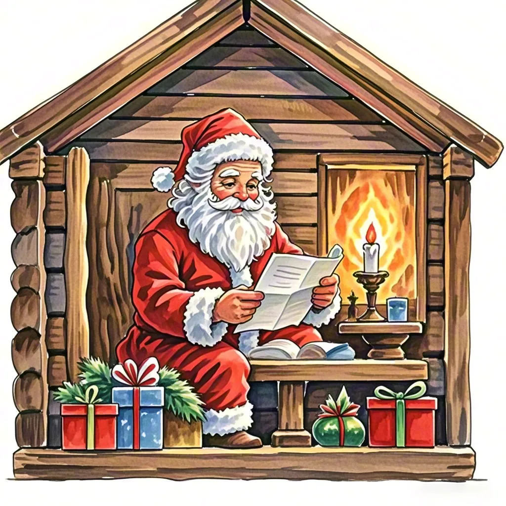 Santa Claus reading list inside wooden Christmas cabin