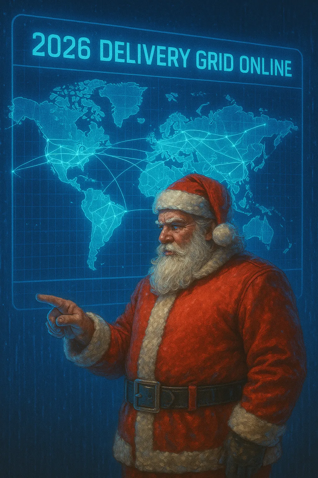 Santa pointing at futuristic blue world map labeled “2026 Delivery Grid Online”