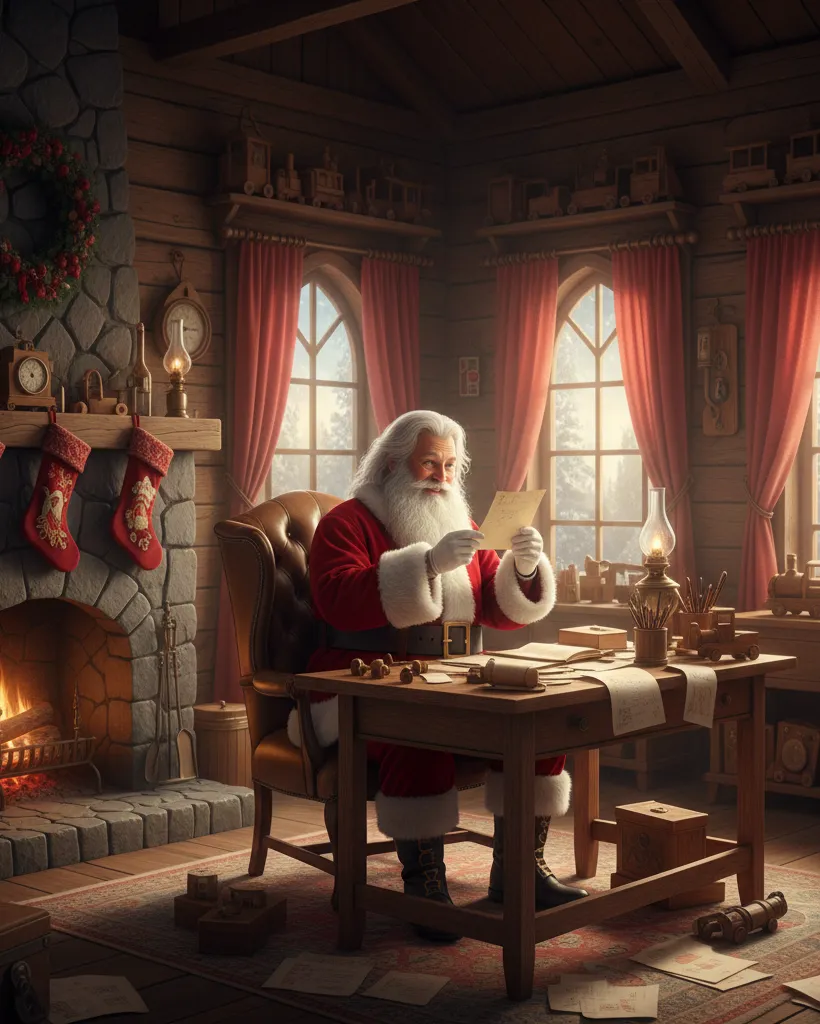 Santa Claus writing letters in warm wooden workshop