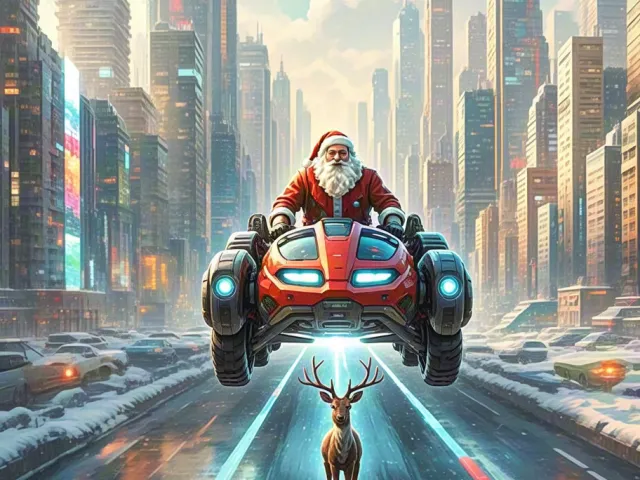 santa claus speeding over futuristic neon highway in bright sci-fi city