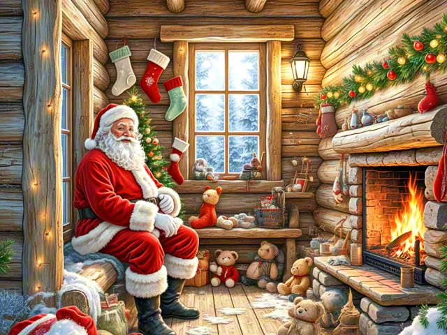 Santa Claus relaxing in a warm wooden cabin decorated for Christmas
