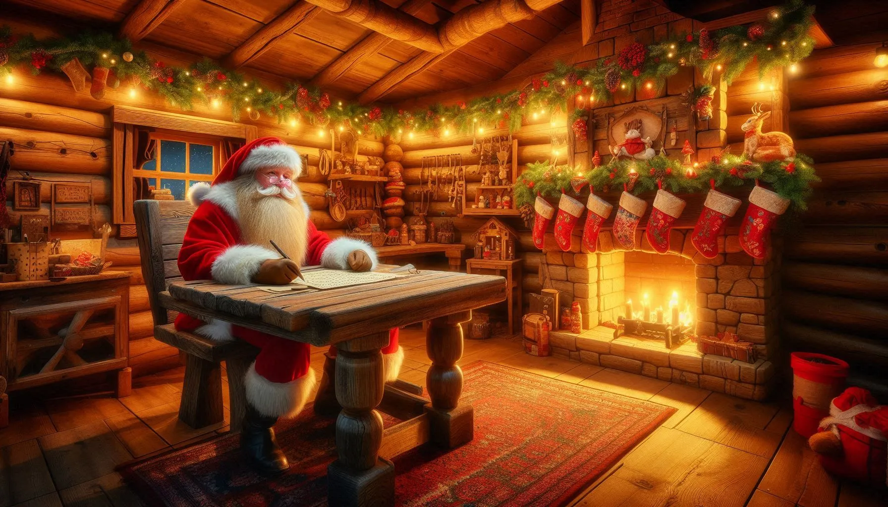 Santa sitting at wooden table in festive warm cabin interior