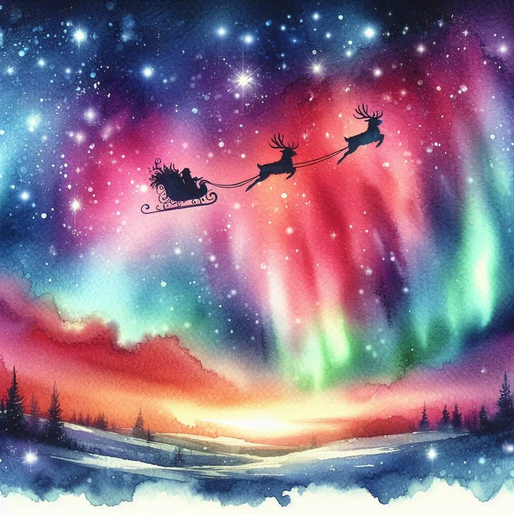 Santa in sleigh flying across vibrant aurora sky