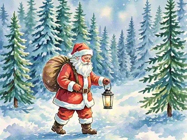 santa claus walking through snowy pine forest holding a lantern