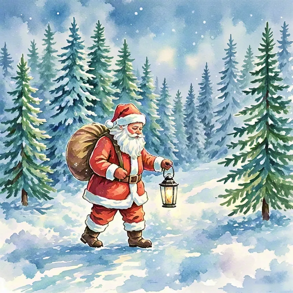 Santa Lantern Walk in Winter Forest