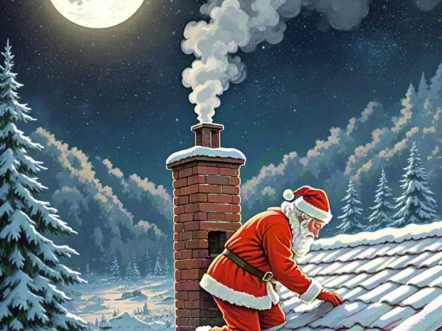 Santa Claus climbing snowy rooftop with chimney smoke rising
