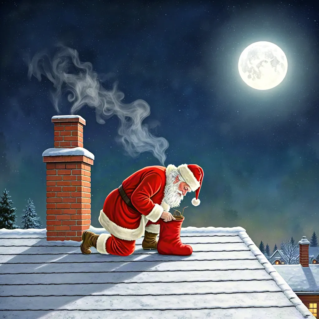 Santa on snowy rooftop under full moon