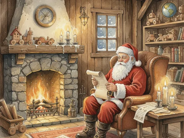 santa claus sitting in cozy wooden cabin reading a letter beside warm fireplace