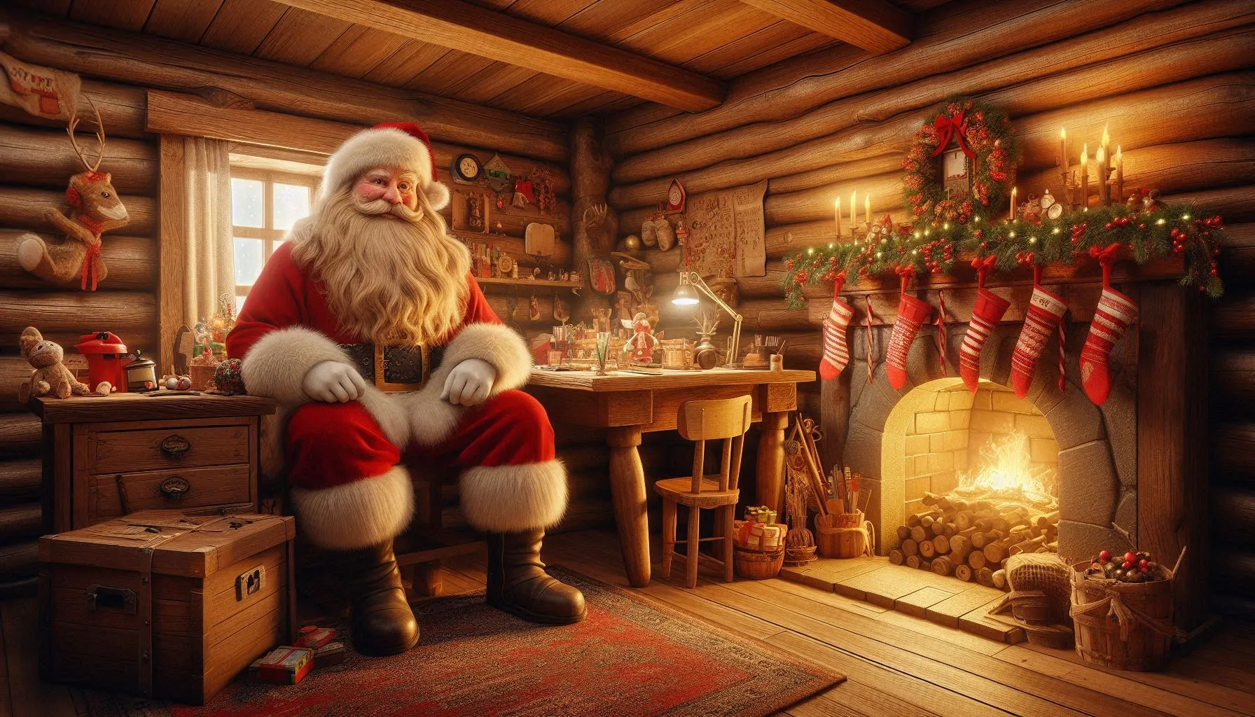 Santa Claus sitting in a warm wooden cabin with lit fireplace and Christmas stockings