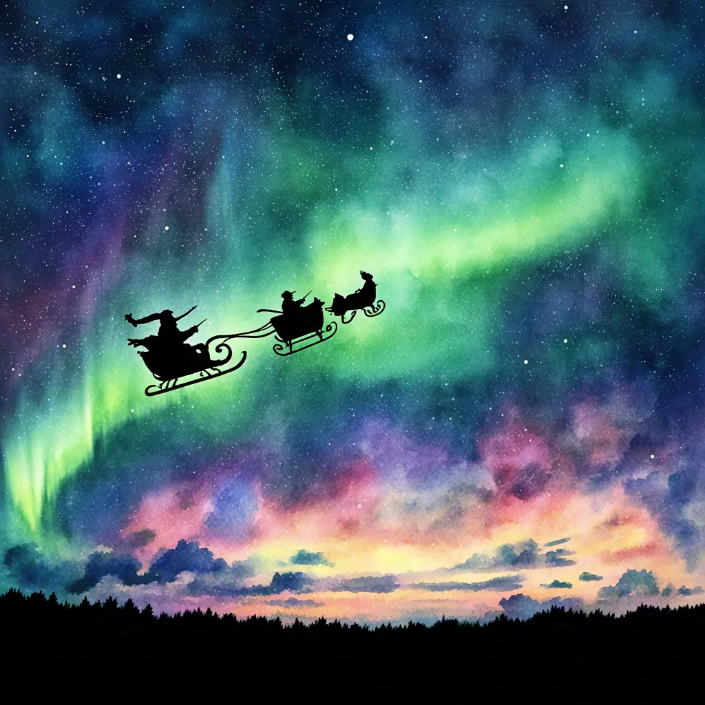 Santa sleigh flying across northern lights sky