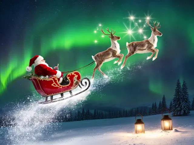 Santa and reindeer flying across the sky with bright northern lights