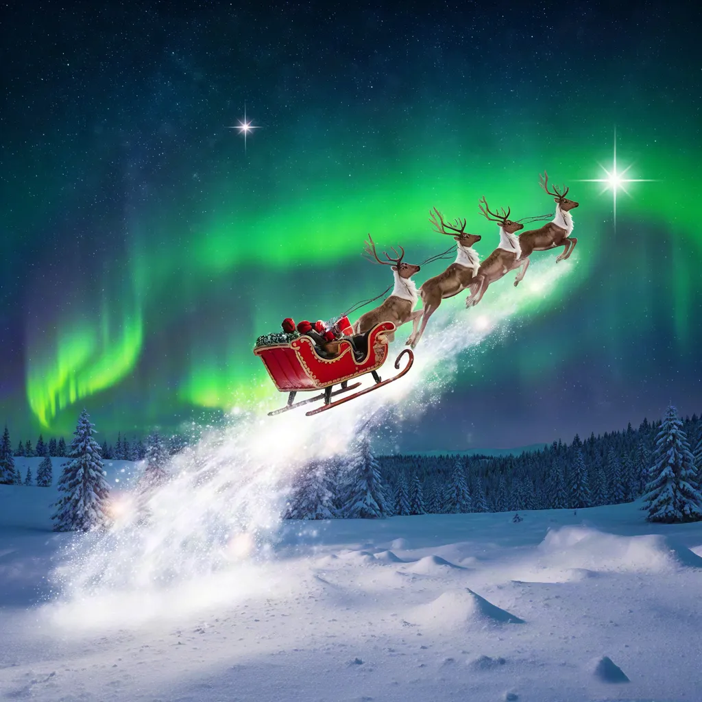Santa sleigh flying under northern lights