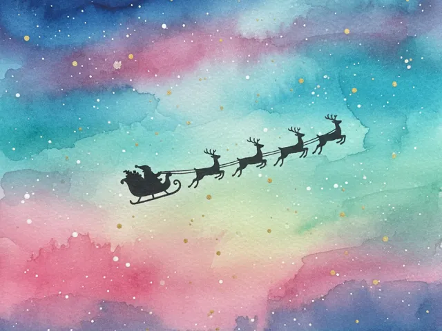 Silhouette of Santa and reindeer flying across vibrant multicolor sky