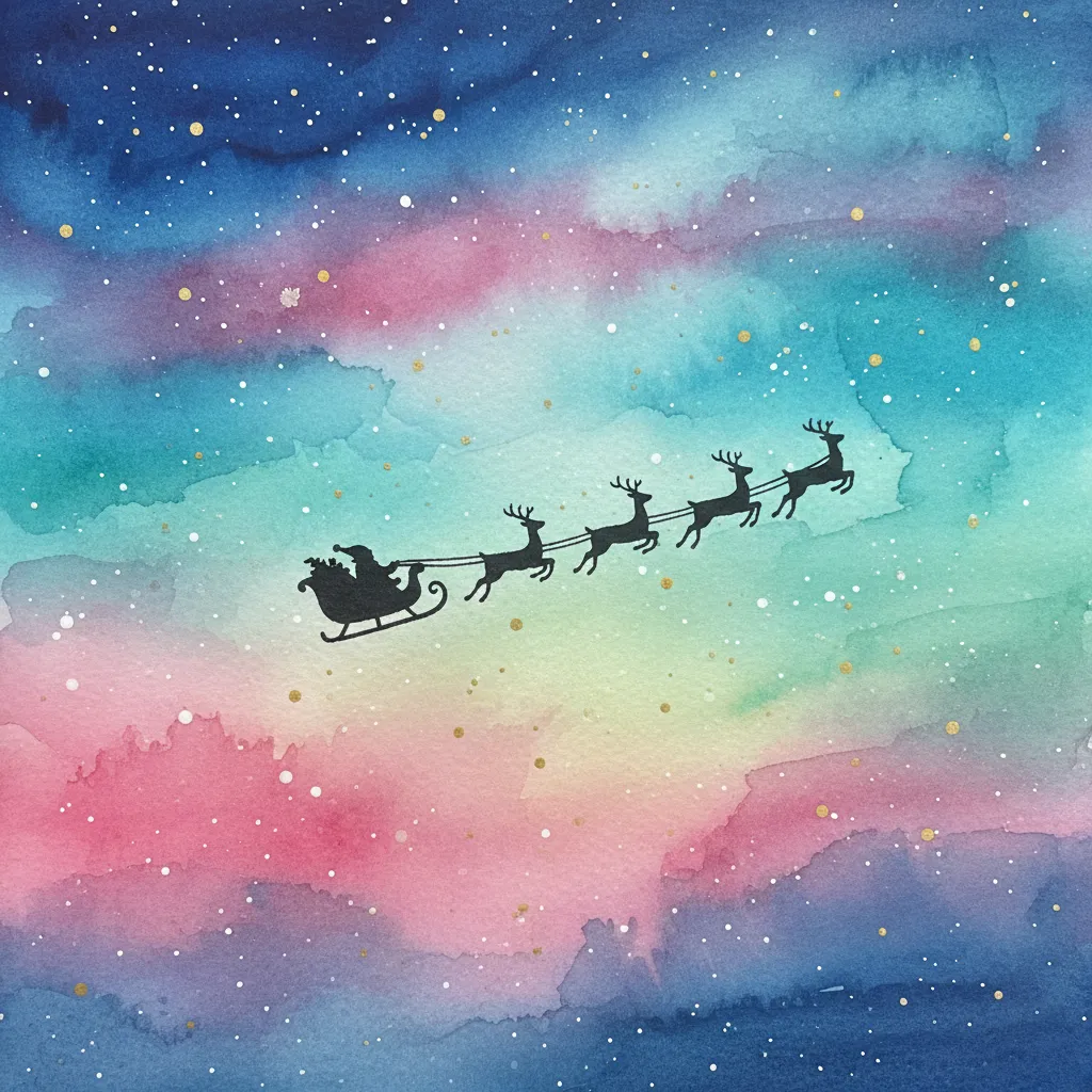 Santa Sleigh over Colorful Night Sky