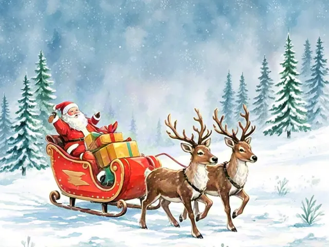 santa claus riding sleigh pulled by reindeer through snowy forest