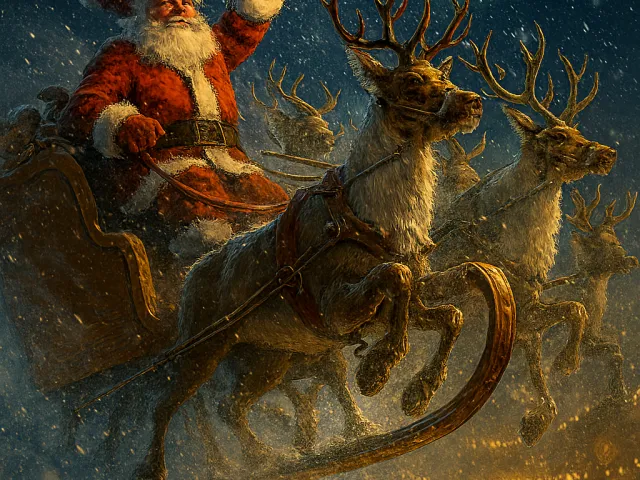 santa claus flying through starry night sky with reindeer and glowing lights