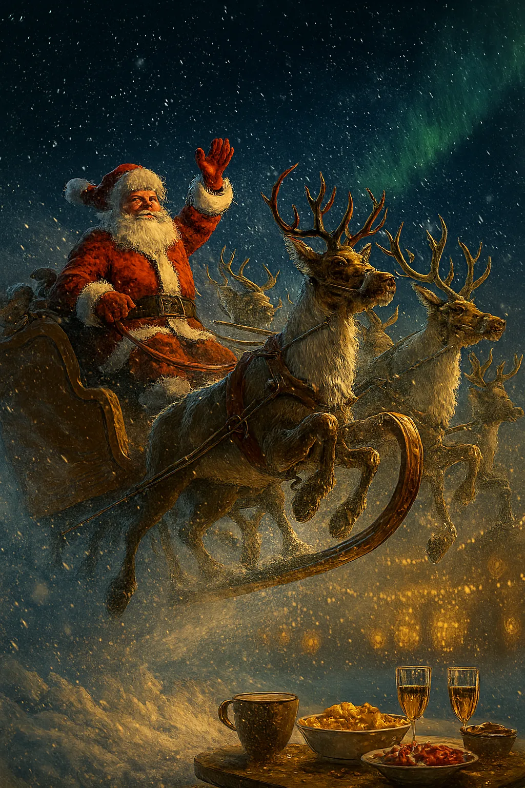 santa claus flying through starry night sky with reindeer and glowing lights